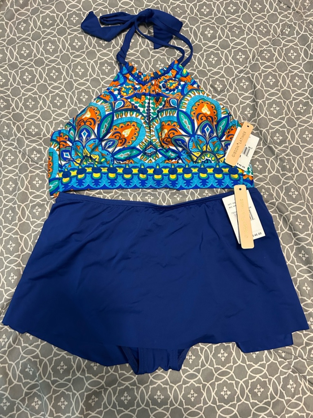 Gibson Latimer Blue Paisley Print Halter Bikini Top with Solid Blue Swim Skirt